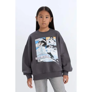 Kız Çocuk Oversize Geniş Kalıp Bisiklet Yaka Baskılı Sweatshirt D7054A824WN