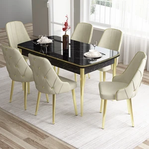 Concept Tia Serisi, Siyah Mermer Desen 80X132 Açılabilir Mdf Yemek Odası Takımı 6 Sandalye Gold Detay