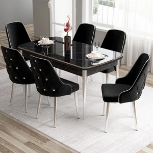 Concept Tia Serisi, Siyah Mermer Desen 80X132 Açılabilir Mdf Yemek Odası Takımı 6 Sandalye Gümüş Detay