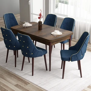 Concept Tia Serisi,  Barok Ahşap Desen 80X132 Açılabilir Mdf Yemek Odası Takımı 6 Sandalye Gold Detay