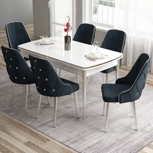 Concept Tia Serisi  Beyaz Masa 80 x 132 cm Açılabilir Mdf Yemek Odası Takımı 6 Sandalye Gümüş Detay