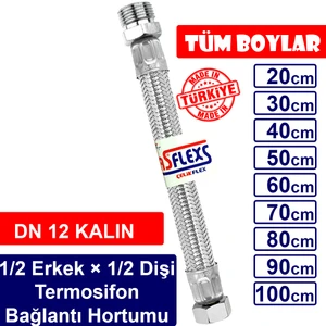 (DN12 KALIN) 1/2 (Erkek) × 1/2 (Dişi) Paslanmaz Çelik Kalın Flex Hortum Termosifon Bağlantı Hortumu (20 cm)