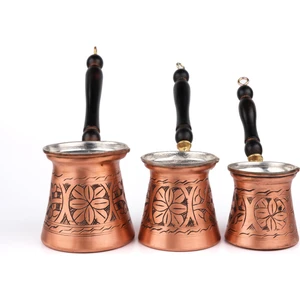 Bakır Cezve Seti 3'lü Çiçek Oymalı