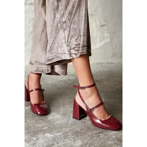 Trendy Anka Lady Bordo Rugan 7 cm Kalın Topuklu Mary Jane Küt Kare Burun Arkası Açık Rahat Ayakkabı