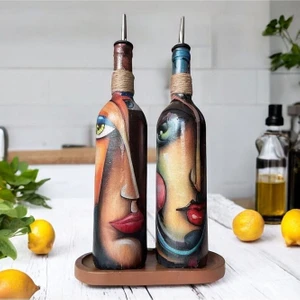 Mes Reves Design Özel Tasarım Renkli Yüz Desenli 750 ml Zeytinyağı Sıvıyağ Şişesi, Yağdanlık, Yağlık, Sosluk 2'li Set