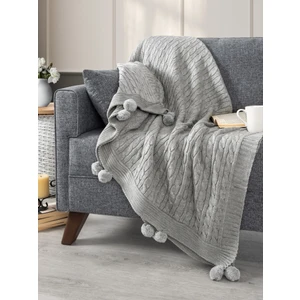 Ponponlu Triko Örme Tv Battaniyesi – Koltuk & Omuz Şalı & Diz Battaniyesi – 130X170CM - Açık Gri