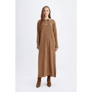 Regular Fit Polo Yaka Basic Düz Maxi Triko Elbise D5434AX24WN