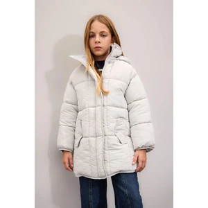 Kız Çocuk Su Geçirmez Kapüşonlu Hafif Uzun Şişme Mont Parka Fermuarlı Cepli C9026A824AU