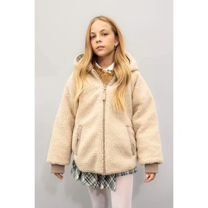 Kız Çocuk Çift Taraflı Fermuarlı Kapüşonlu Cepli Pelüş Mont C5770A824AU