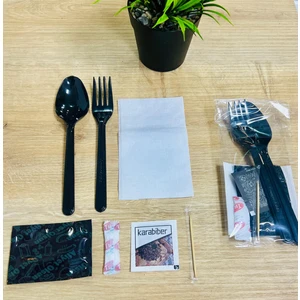 100 Adet Prolüx 7'li Plastik Çatal - Kaşık Seti ( Çatal + Kaşık + Tuz + Karabiber + Peçete + Kürdan + Islak Mendil )