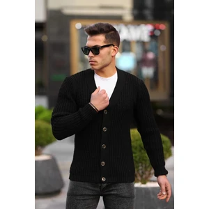 Nopenli Fitil Örgü Düğmeli Hırka Siyah