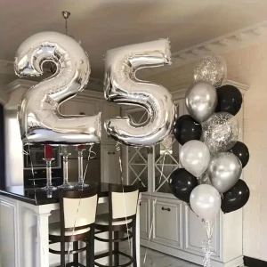 Yetişkinlere Özel Doğum Günü Süsü Siyah Gümüş Pembe 25 Yaş Rakamlı Şık Konsept Parti Kutlama Seti