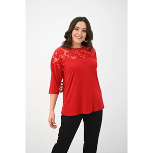 Koza Butik Kadın Büyük Beden Kadife Tül Detaylı Bluz 1856-2