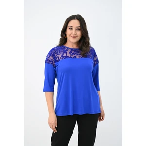 Koza Butik Kadın Büyük Beden Kadife Tül Detaylı Bluz 1856-2