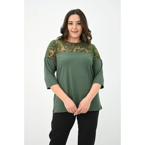 Koza Butik Kadın Büyük Beden Kadife Tül Detaylı Bluz 1856-2