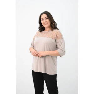 Koza Butik Kadın Büyük Beden Kadife Tül Detaylı Bluz 1856-2