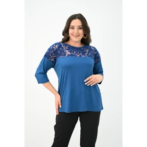 Koza Butik Kadın Büyük Beden Kadife Tül Detaylı Bluz 1856-2
