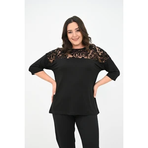 Koza Butik Kadın Büyük Beden Kadife Tül Detaylı Bluz 1856-2