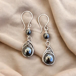 Pure Blue Collection Gümüş Tel Sarma Hematit Doğal Taş Küpe