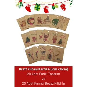 Netsan Etiket Kraft Yılbaşı Kartı (4,5x6cm) 20 Farklı Tasarım + 20 Adet Kırmızı Beyaz Kilitli Ip