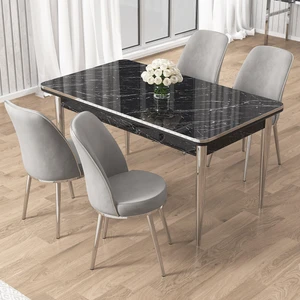 Rewa Serisi 70X110 Sabit Siyah Mermer Desen Krom Detay Masa Takımı ve 4 Gri Sandalye