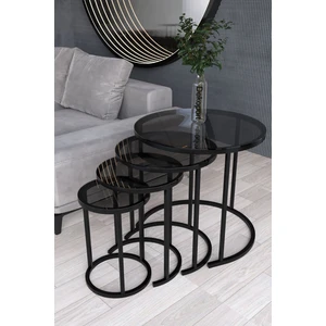 Modern Zigon Sehpa Takımı Temperli Cam Metal Ayaklı Elektrostatik Boyalı 4'lü Set Minimalist Tasarım