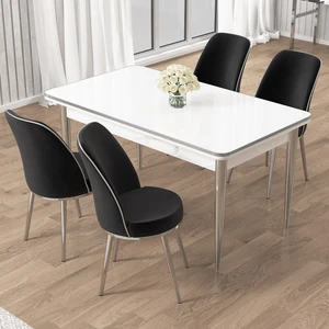 Rewa Serisi 70 x 110 Sabit Beyaz Krom Detay Masa Takımı ve 4 Sandalye