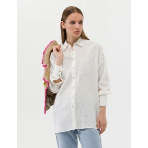 Pierre Cardin Kadın Ekru Keten Karışımlı Oversize Gömlek 50262545-VR019