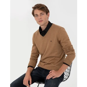 Pierre Cardin Erkek Camel Melanj Slim Fit V Yaka Basic Triko Kazak 50248554-VR122