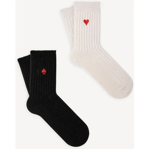 Mono Socks 2'li Kalp Nakışlı Kalın Kışlık Yünlü Çorap