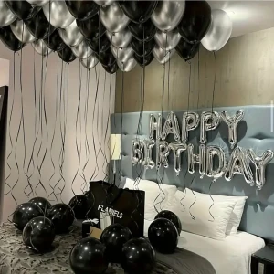 Siyah ve Gümüş Happy Birthday Folyo Balon Set  Doğum Günü Özel Gün Parti Kutlama Seti