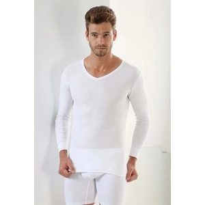Beyaz Erkek Badi Uzun Kollu Tişört Fanila V Yaka Basic %100 Pamuk Ribana