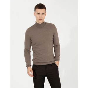 Pierre Cardin Erkek Vizon Melanj Slim Fit Balıkçı Yaka Basic Triko Kazak 50257158-VR174