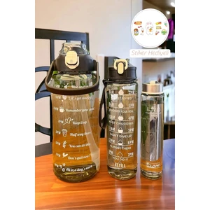 Berdina Home 3lü Yeni Şeffaf Motivasyon Kokusuz Stickerlı Spor Suluk Matara Pipetli Taşınabilir Su Şişesi Siyah