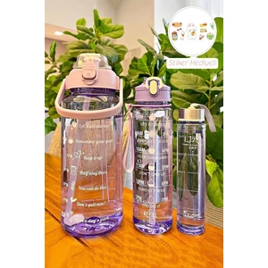 Berdina Home 3'lü Yeni Şeffaf Motivasyon Kokusuz Stickerlı Spor Suluk Matara Pipetli Taşınabilir Su Şişesi Renkli