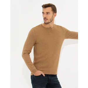 Pierre Cardin Erkek Camel Melanj Slim Fit Bisiklet Yaka Triko Kazak 50265443-VR122