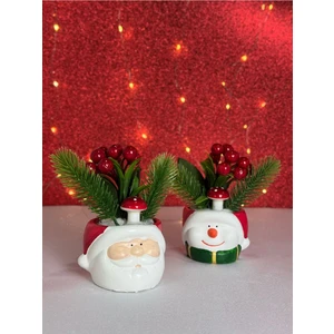 2'li Yeni Yıl Noel Baba ve Kardan Adam Yapay Çiçek Kokinalı Yılbaşı Dekorasyonu Saksı