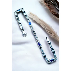 Ak Store Silver Gümüş Erkek Bileklik Gravürlü Otantik  Baget Safir Taşlı