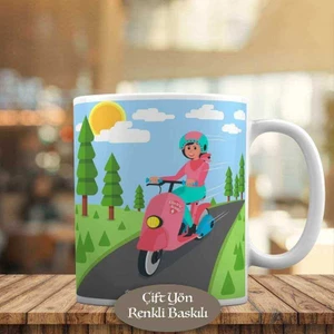 Pembe Motorluyla Gezen Genç Kız Kupa Bardak HEDIYELIK-2698