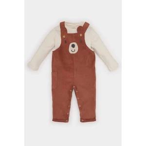 Erkek Bebek 2'li Takım Uzun Kollu Tişört Kadife Ayıcık Baskılı Salopet Tulum D6030A524WN