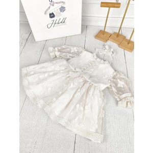 Kız Bebek Çocuk Krem Kelebek Desenli Vintage Tül Kumaş Elbise Set