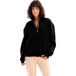 Oversize Fit Dik Yaka Yarı Fermuarlı Şardonlu Siyah Kadın Sweatshirt - Cass