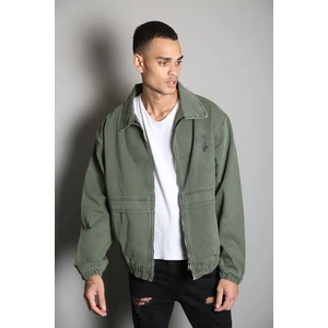 Oversize Haki Baskılı  Erkek Fermuarlı Bomber Kot Ceket