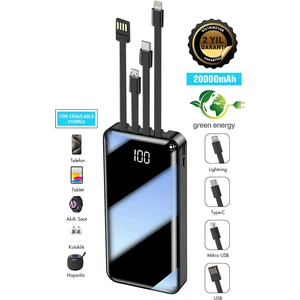 20.000 Mah Dahili Çoklu Kablolu Dijital Göstergeli Taşınabilir Powerbank Siyah PB-2001