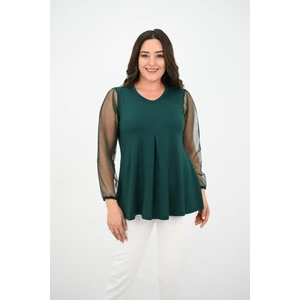 Koza Butik Kadın Büyük Beden Pileli V Yaka Tül Detaylı Bluz 1857-25