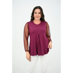 Koza Butik Kadın Büyük Beden Pileli V Yaka Tül Detaylı Bluz 1857-25