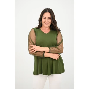 Koza Butik Kadın Büyük Beden Pileli V Yaka Tül Detaylı Bluz 1857-25