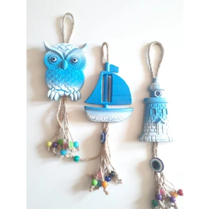 Akın Aksesuar 3'lü Baykuş Yelken Deniz Feneri Nazar Boncuklu Jüt Ipli Teras Bahçe Balkon Yazlık Duvar Süsü Seti