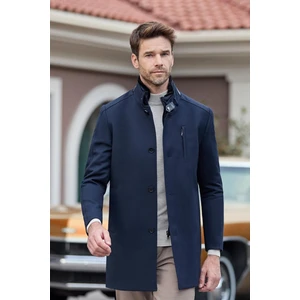 Koyu Lacivert Kaşe Kürklü Yaka Düz Tek Yırtmaç Tam Kapitone Astar Slim Fit Classic Palto 1005245102