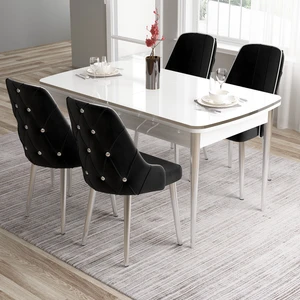 Concept Tia Serisi, Beyaz MASA,80X132 Açılabilir Mdf Mutfak Masa Takımı 4 Sandalye Gümüş Detay